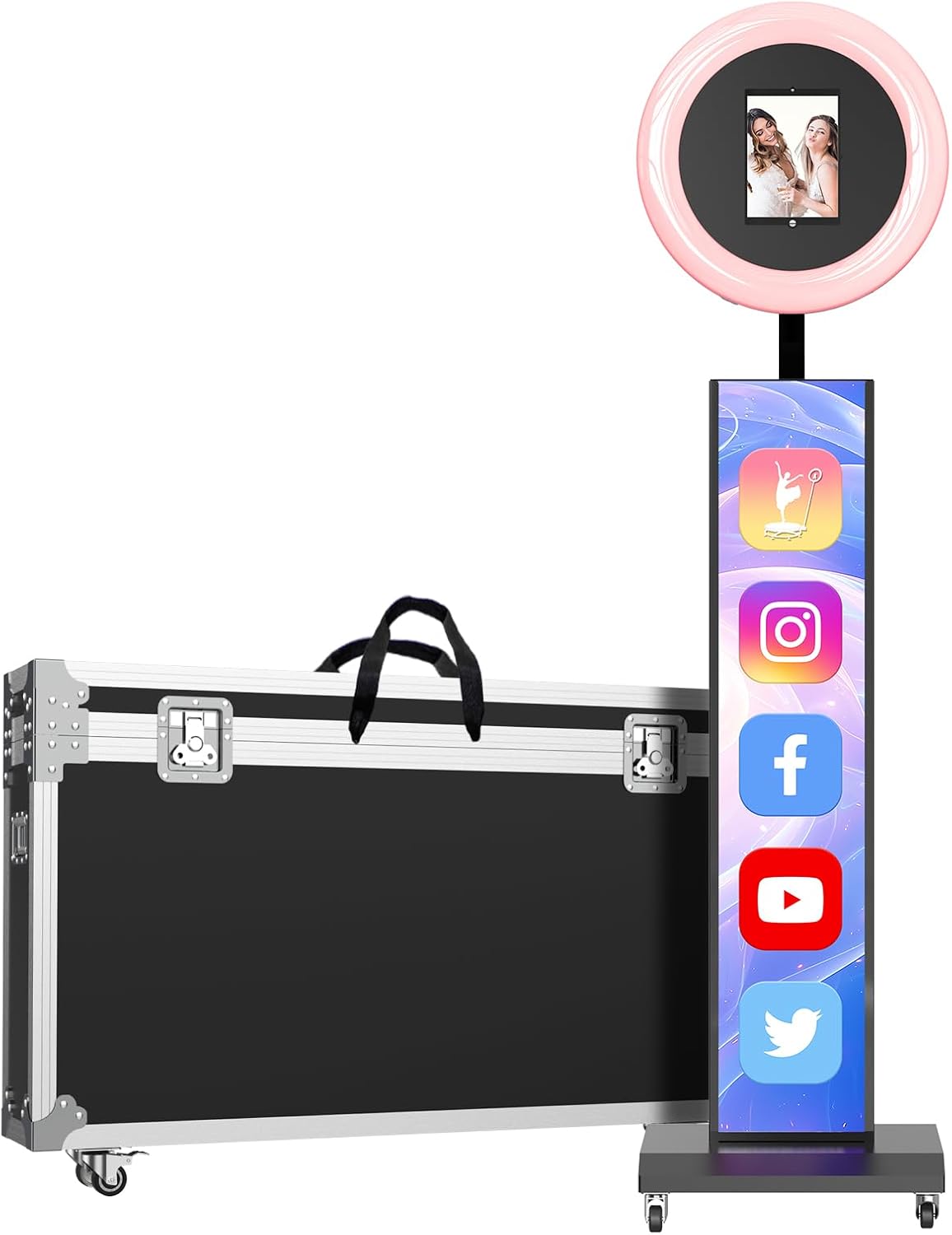 MWE Portable Photo Booth Machine Stand Compatible with Any Ipad with Software APP and Remote Control, RGB Ring Lights Music Sync, Free Custom Logo,ChackTok VIP (Black, Light Box-Flight Case)