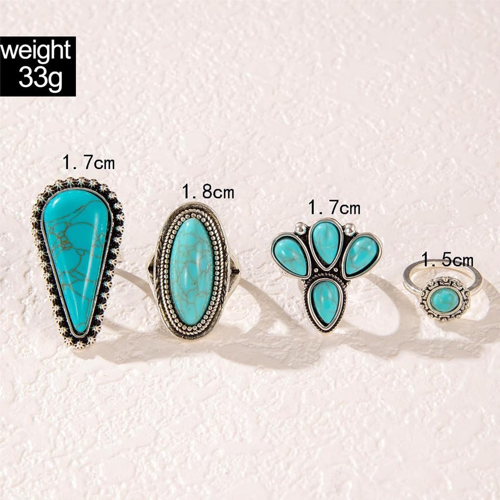 Vintage Turquoise Western Rings for Women,Exaggerated Chunky Oval Floral Snake Knuckle Rings Set,Boho Stack Layered Aesthetic Country Jewelry - Image 4
