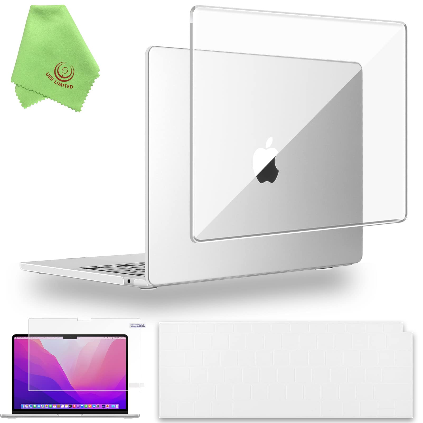UESWILL Kit Protezione 4in1 Per MacBook Air 13" M2/M3/M4 (2022-2025) | Custodia Cristallo + Cover Tastiera + Pellicola + Panno