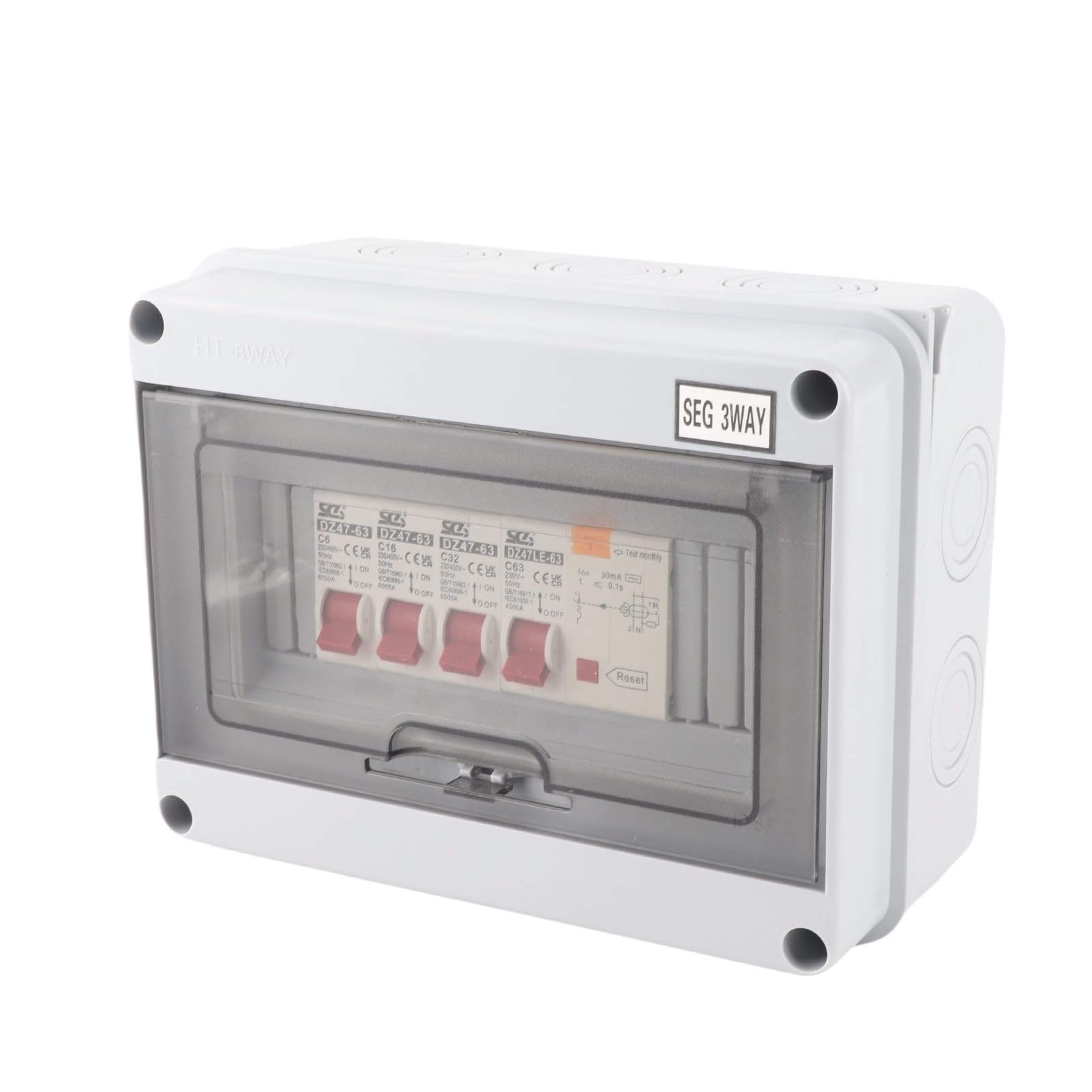 Unidad de Consumidor de Caravana de Garaje de 3 Vías, 63A 30mA RCD + 3MCB (6A+16A+32A) Caja de Fusibles de Alta Capacidad de Rotura para Garajes, Caravanas, Talleres, Dependencias