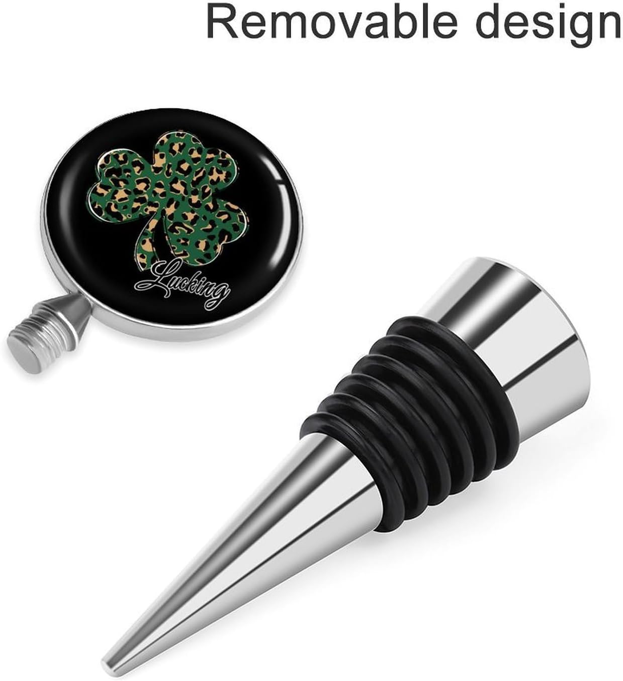 Lucking Clovers Leopards Print Wine Stoppers for Wine Bottles Reusable Drink Saver Steel Beverage Cork for Gifts