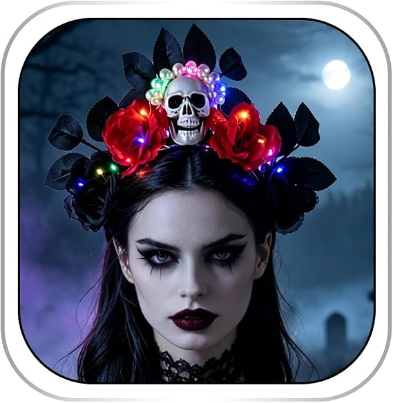 Light Up Halloween Flower Headbands LED Pearl Skull Hairbands Gothic Leaf Headpieces Luminous Rose Rave Costume Party Hair Accessories for Women
