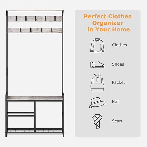 Miniatura 14 de HOMEKOKO Perchero para zapatos, banco de almacenamiento de entrada de árbol de pasillo, muebles decorativos con aspecto de madera con marco de