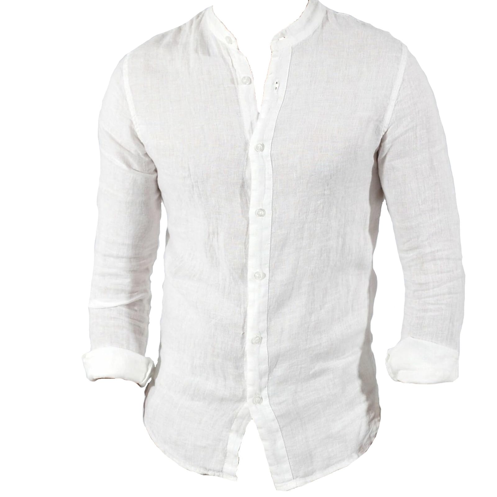 Camicia Uomo in Lino Manica Lunga Collo alla Coreana Slim Fit S M L XL XXL XXXL