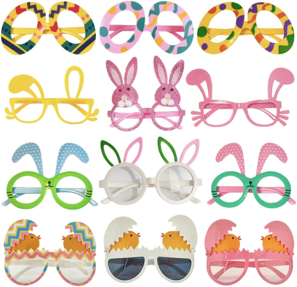 JAKADYUKS Easter Glasses 12Pcs Party Favors Decorations Supplies Photo Booth Props Classroom Prize Easter Gifts Easter Eggs Basket Stuffers Fillers, Easter Eggs Bunny and Chick Eyeglasses