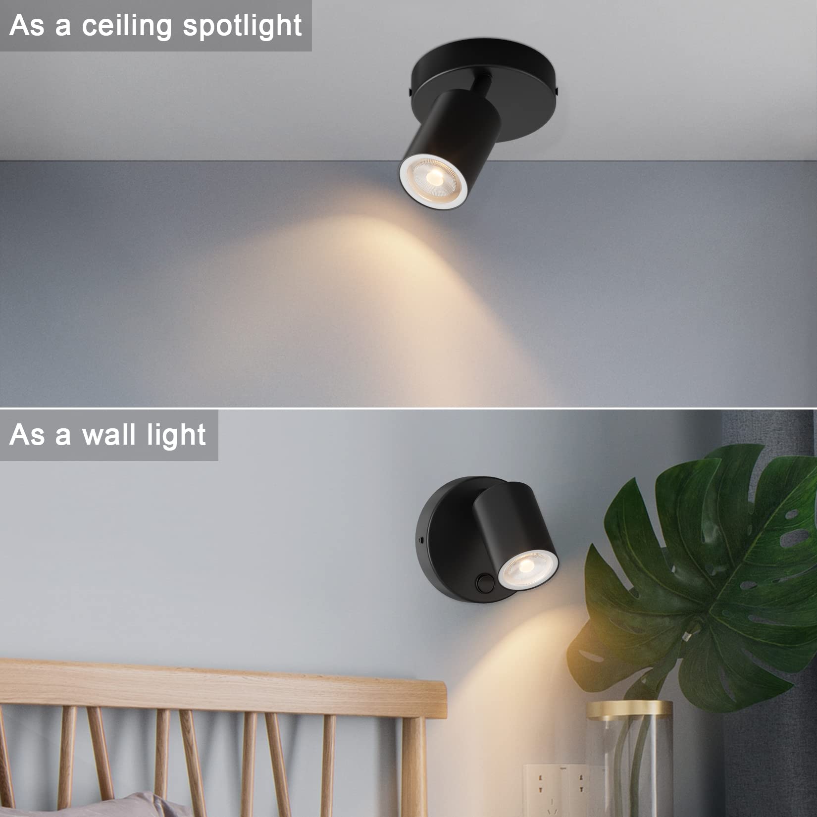 Kligthten 2 pcs Applique Murale Interieur, GU10 Spot Mural, Lampe Murale Orientables avec Bouton, Moderne Spot de Plafond Aluminium, pour Chambre Salon Cuisine, Ampoule non Incluse, Noir
