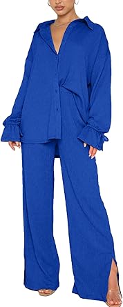 Long Sleeve Button Down Shirt + Flare Pleated Wide Leg Pants Sets main image 1
