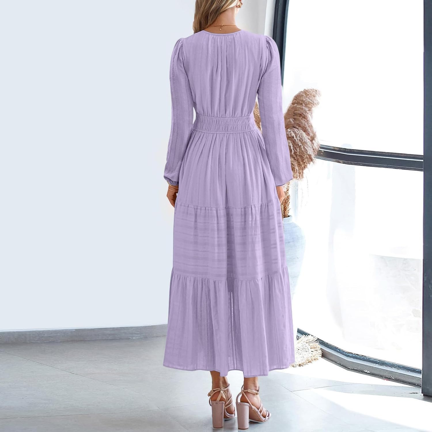 Women Fall Spring Long Sleeve Crewneck Causal Flowy Pleated Tiered A-Line Wedding Party Midi Dresses with Pockets