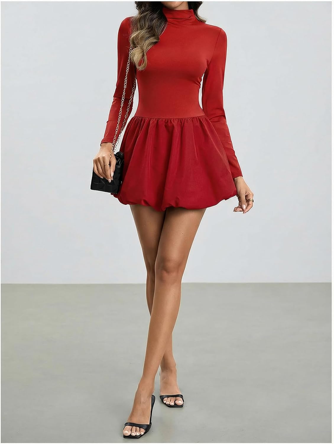 GORGLITTER Women's Long Sleeve Bubble Mini Dresses Elegant Classy Mock Neck Y2k Fall Cocktail Brunch Date Night Dresses - Image 5