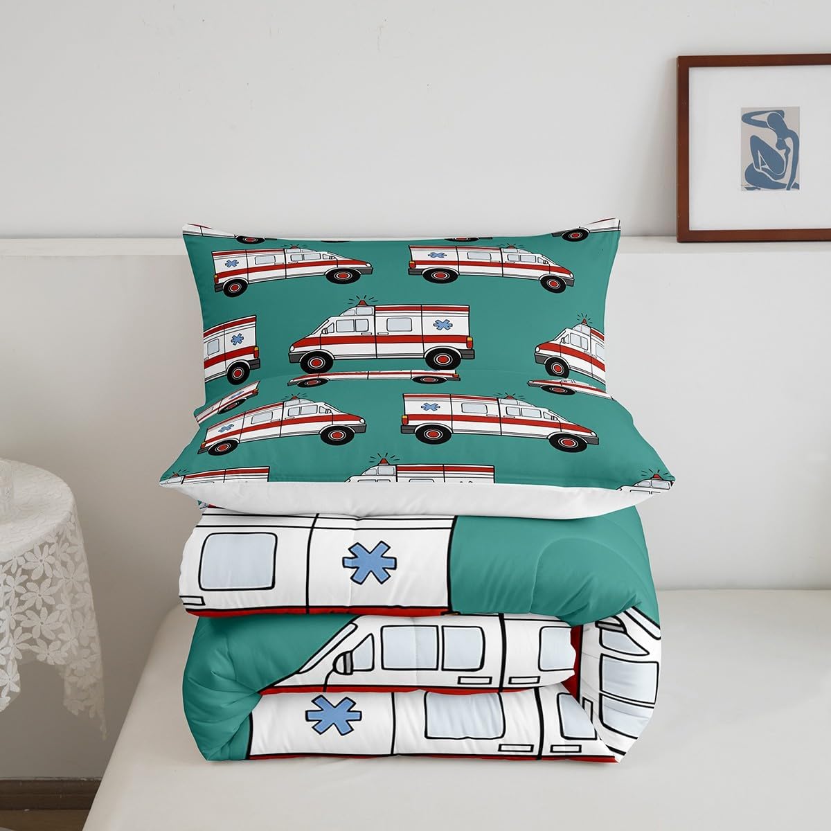 Feelyou Ambulance Bedding Set Kids Car Comforter Set Boys Girls Decor Cartoon Car Comforter Microfiber Emergency Responder Vehicles Green Duvet Set Bedroom Quilt Set Twin with 1 Pillow Case