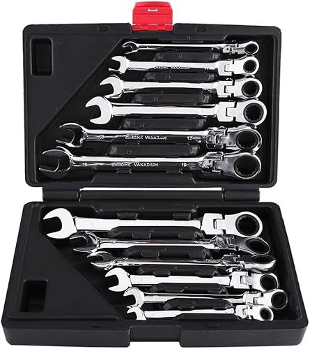 Juego de llaves de trinquete, 12 piezas de 0.315-0.748 in, acero al cromo vanadio, cabeza flexible, juego de llaves combinadas de trinquete con
