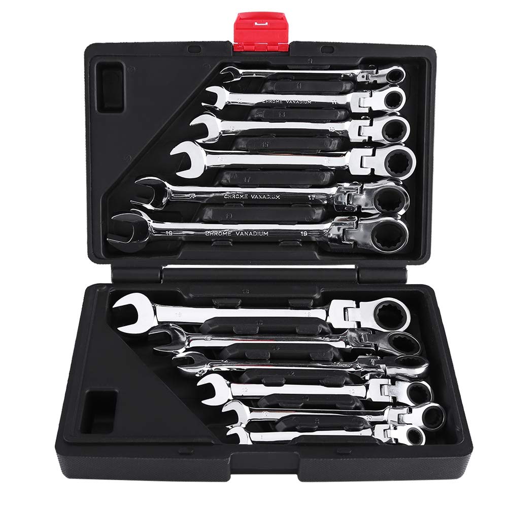 Ratchet Spanner Wrench Set 12pcs 8-19mm Chrome Vanadium Steel Flexible Head Ratcheting Combination Wrench Kit with Portable Carry Case
