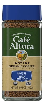 Cafe Altura Instant Organic Coffee, Decaf Medium Roast, 3.53 Oz Jar | Freeze-Dried