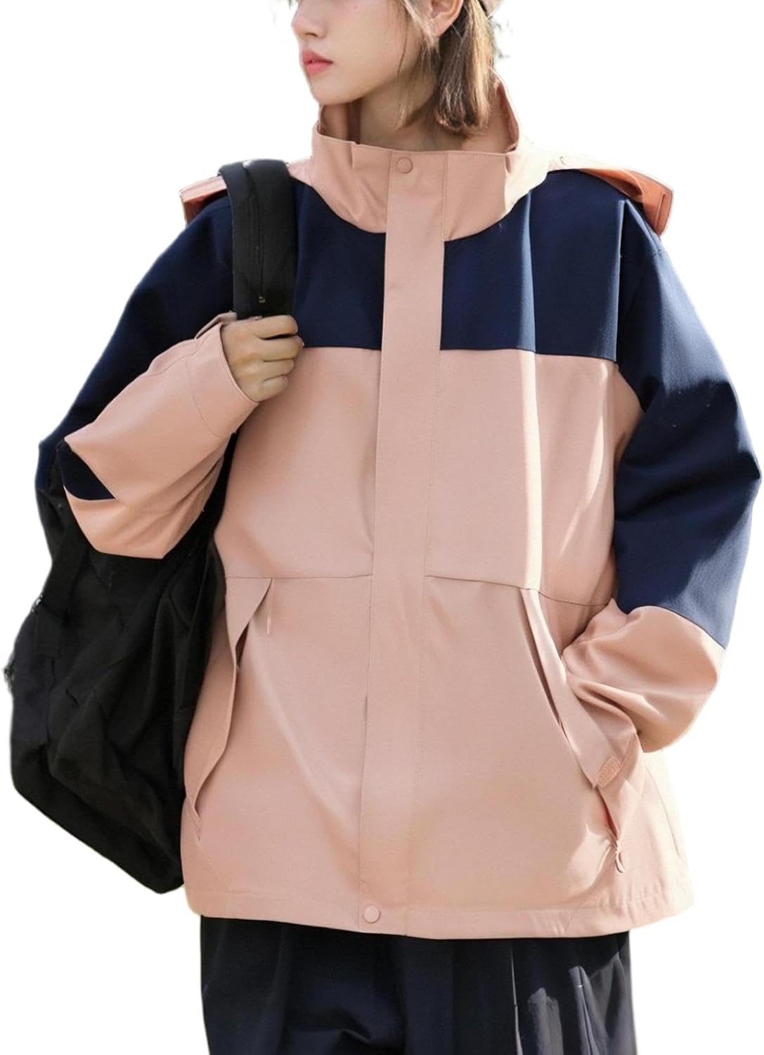 Women's Lightweight Windproof Jacket with Hood Color Blocked Outdoor Water Resistant Coat Hiking Jacket Zippered Pockets
