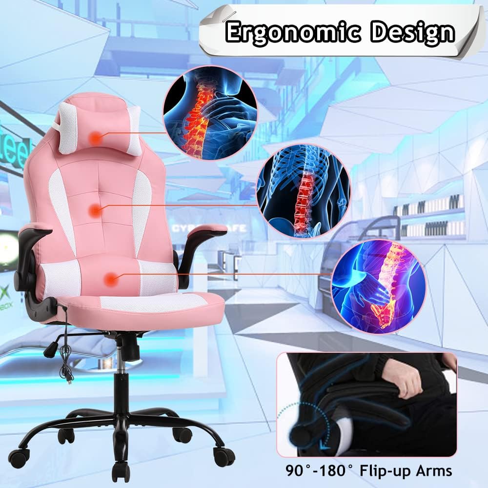 Ergonomic Gaming Office Chair - High Back Executive Computer Chair with Lumbar Support & Flip-Up Arms, PU Leather Adjustable Swivel Chair for Women/Men, Height Adjustable Massage Desk Chair (Pink)