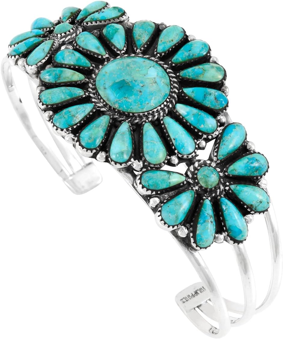 Turquoise Network Southwest Style Genuine Gemstones 925 Sterling Silver Cluster Bracelet
