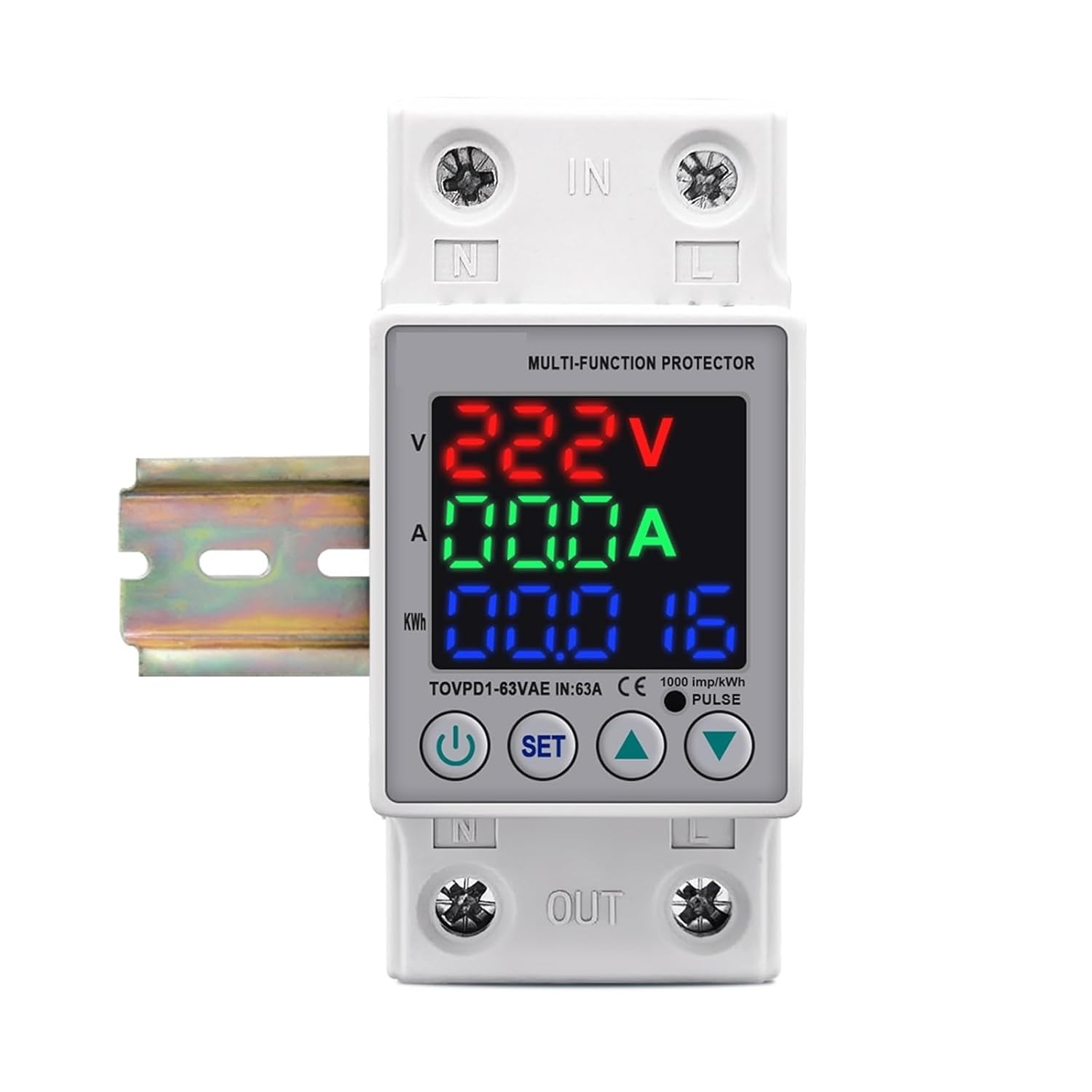 63A 230V Din Rail Adjustable Over Under Voltage Protective Device Protector Relay with Current Protection Energy Merter 1Pcs