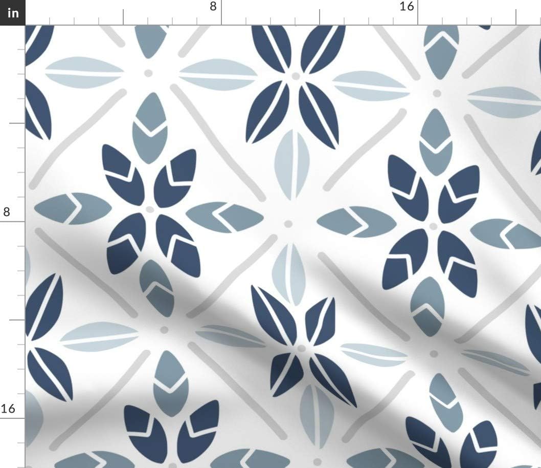 Spoonflower Fabric - Blue Tile Leaves Large White Modern Geometric Printed on Petal Signature Cotton Fabric Fat Quarter - Sewing Quilting Apparel Crafts Decor