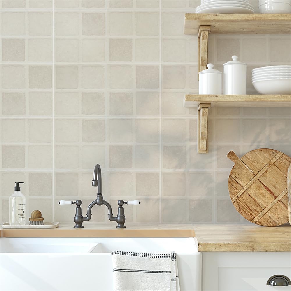 Mattonelle Adesive 20X20 Beige Adesivi Per Piastrelle,Pvc Autoadesivo Resistente Al Calore Impermeabile Piastrelle,Piastrelle Da Bagno, Decorazione Domestica(25Pcs)