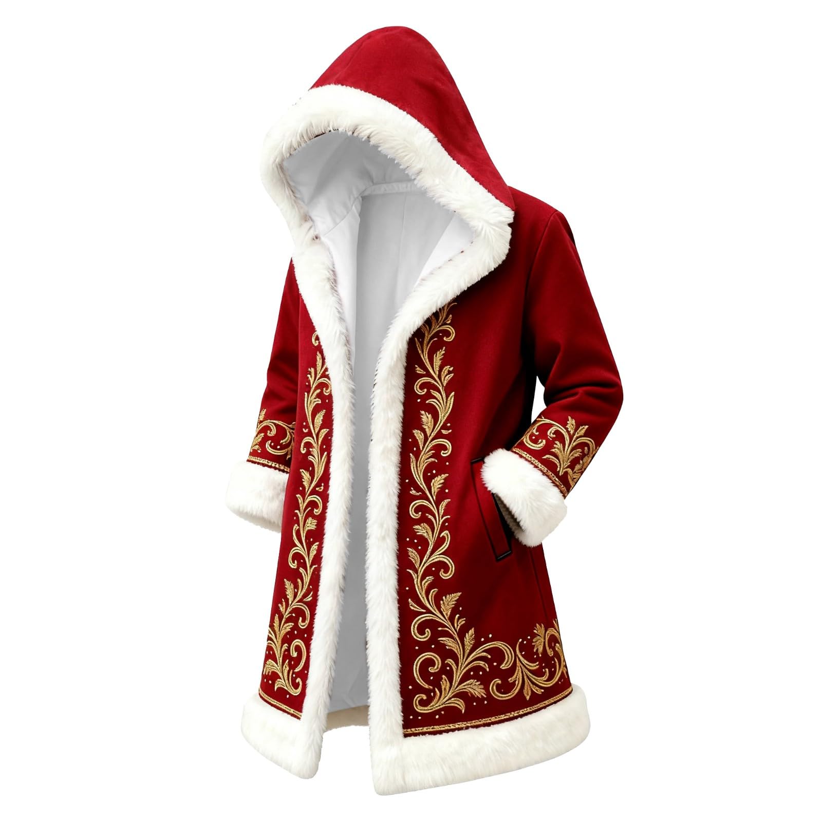 Red Velvet Christmas Costume for Men Red Hooded Cape Santa Coat Plush Lining Long Sleeve Longline Soft Warm Fluffy Festival Holiday Party Xmas Winter Cardigan