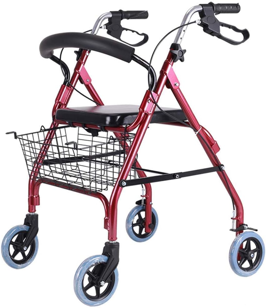 Andador, andador Andador de 4 ruedas, ligero, plegable, altura ajustable, andador, anciano con cesta de asiento, ayuda para caminar, andador de aluminio para adultos al aire libre (rueda de 6 pulgadas