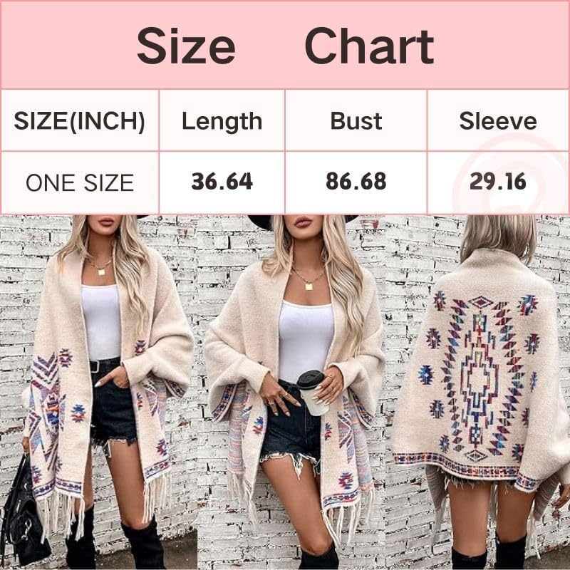 Women's Tribal Aztec Print Tassel Open Front Poncho Cape Cardigan Long Sleeve Tassel Poncho Wrap Shawl3