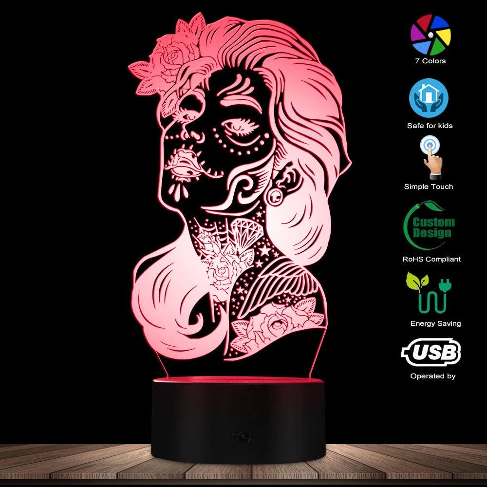 The Geeky Days Day of The Dead 3D Night Light Girl Sugar Skull LED Table Lamp Halloween Atmosphere Lighting Decor Gift