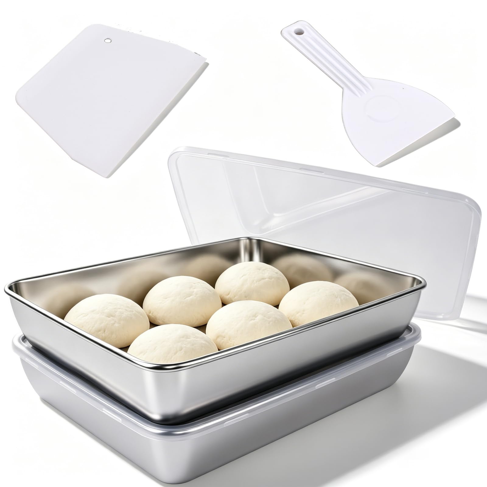 iklestar 2 PCS Pizza Dough Proofing Box Kit, 36x28x6 CM 304 Stainless Steel Dough Proofing Box with Lid Fits 6 Dough Balls, Includes 2 Plastic Dough Scrapers, 2 Pizza Dough Trays & 2 Clear Lids