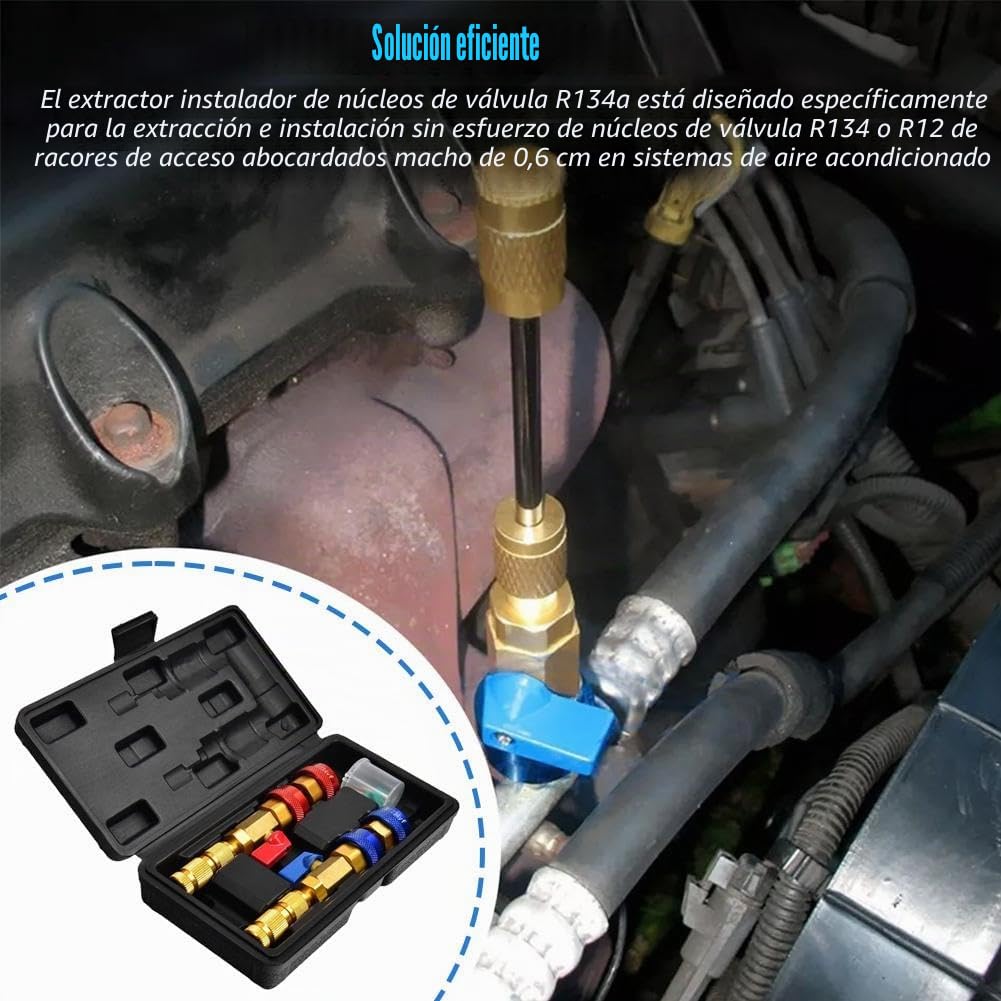R134A R1234YF Herramienta de núcleo de válvula, herramienta de extracción de núcleo de válvula de CA, R134a R1234yf R22 Kit de herramientas de instalación para sistemas de aire acondicionado