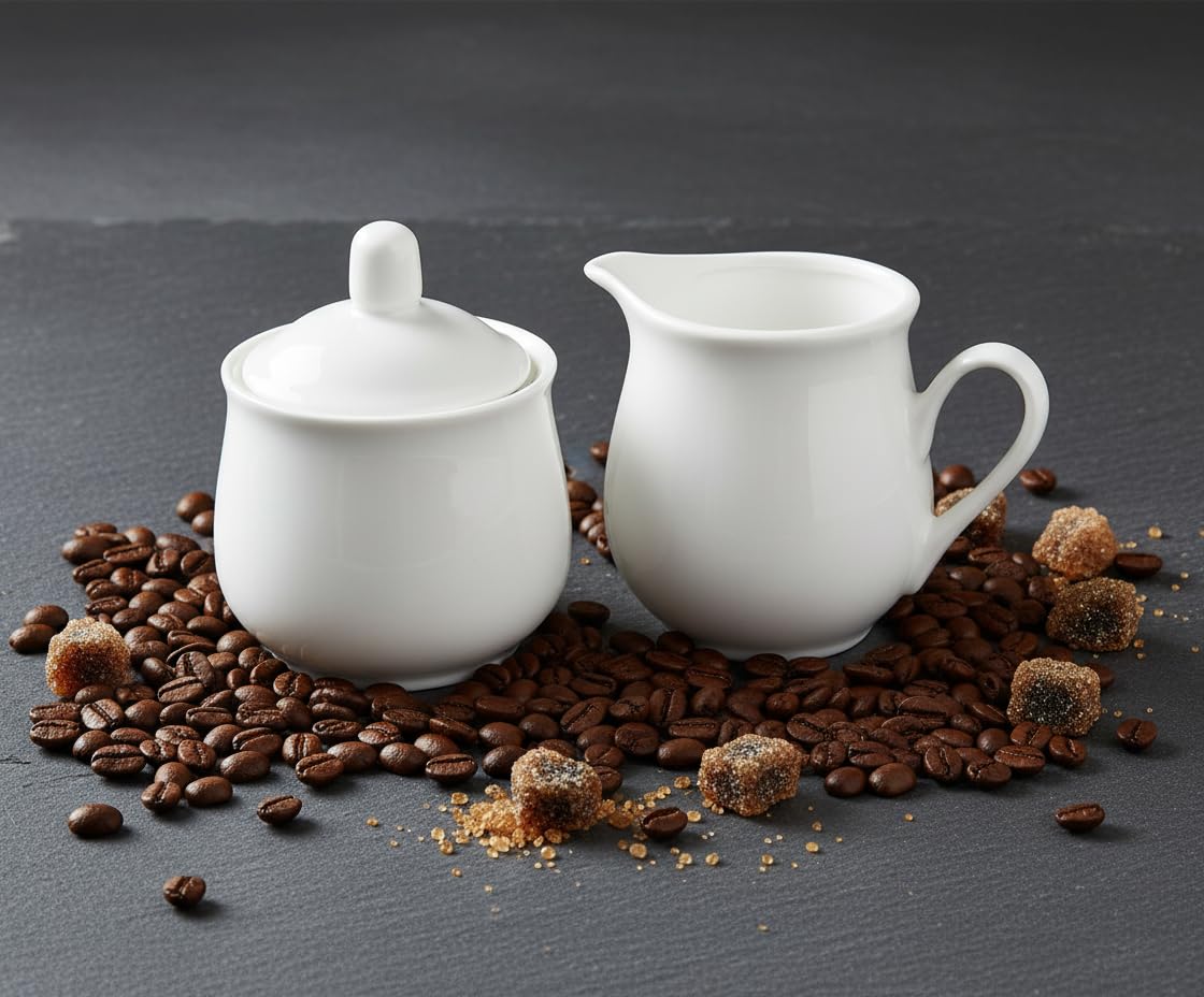 Provance Juego de 3 piezas de porcelana para leche y azúcar con tapa, jarra de leche, azucarero, recipiente para leche y azúcar, utensilios de cocina, mesa cubierta