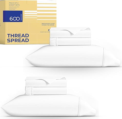 Vista 8 de THREAD SPREAD Hotel Collection - Juego de sábanas de 600 hilos de algodón egipcio, satinado, 4 piezas, Blanco, King