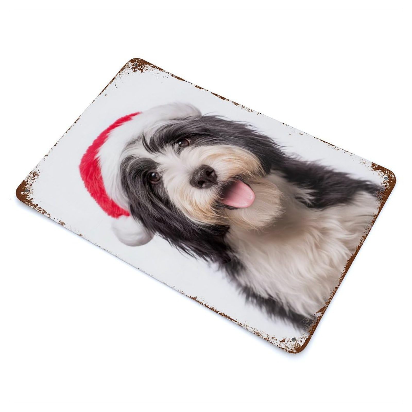 Rust Effect Tibetan Terrier Dog with Santa Hat Portrait Aged Metal Wall Plaque 11.8"x7.9", Rustic Home Decor for Bistro, Counter And Cafe Decor