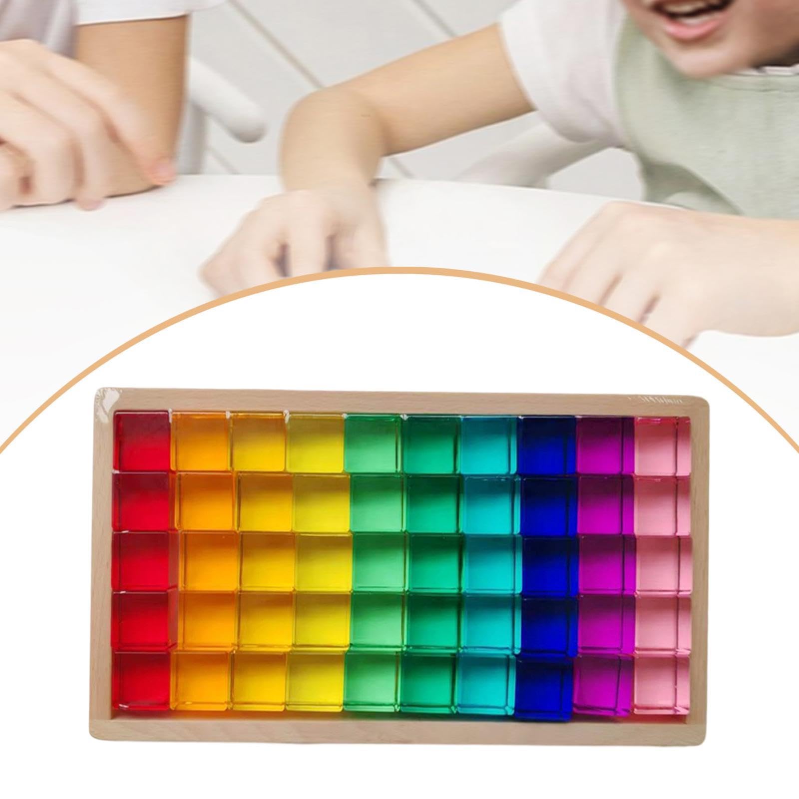 Regenbogen Bausteine Set Kinder mit Acrylklötzen Motorik Stapelspiel Transparent Holzbox Lernspaß für Kinderzimmer Geschenk Draußen Drinnen, 50 Stück