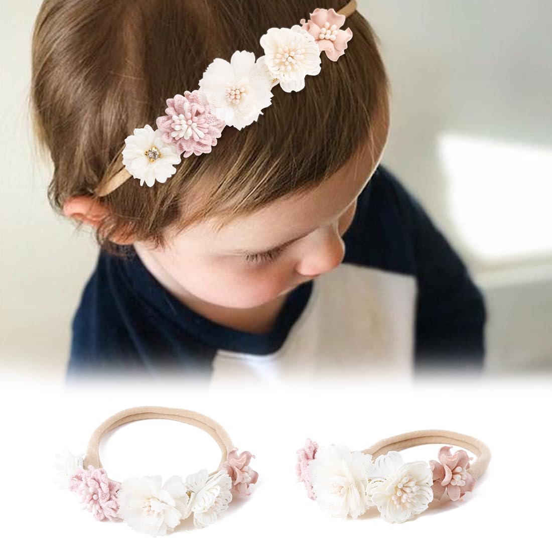 SJBAUTYO 3 Pièces Bandeau Bébé Fille Fleurs En Nylon Doux – Accessoires Mignons Pour Nouveau-Né Et Tout-Petit