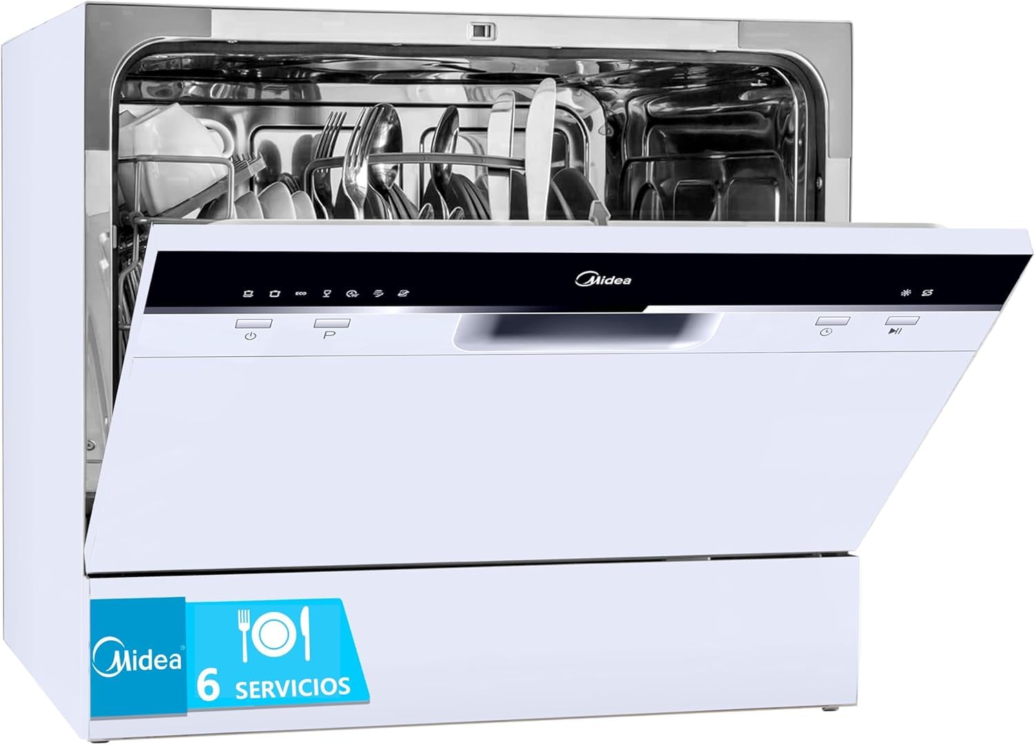 Midea Lavavajillas Pequeño Blanco 55 cm para 6 servicios - Lavavajilla Compacto y Portatil sin Instalación - Lavaplatos con Programa Eco Ahorro, Filtro Antibacterias y Programación Horaria