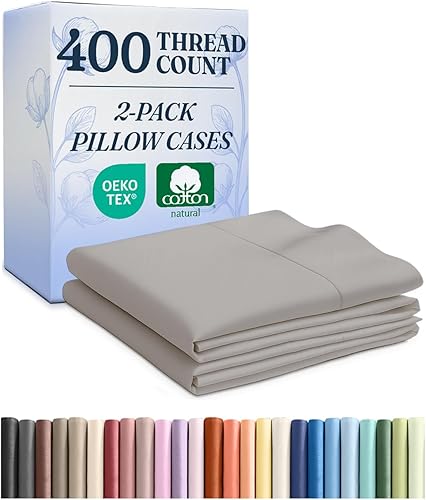 Fundas de almohada 100% algodón tamaño Queen – Fundas de almohada frescas, transpirables y suaves, juego de 2 – 400 hilos de algodón – sin arrugas –