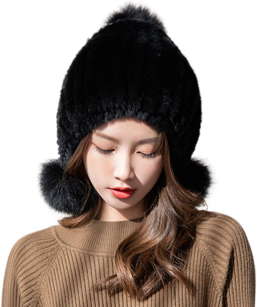 Women Warm Hat Real Rex Rabbit Hair Cap with Pompom Girls Knitted Skullies Beanies Fall Winter