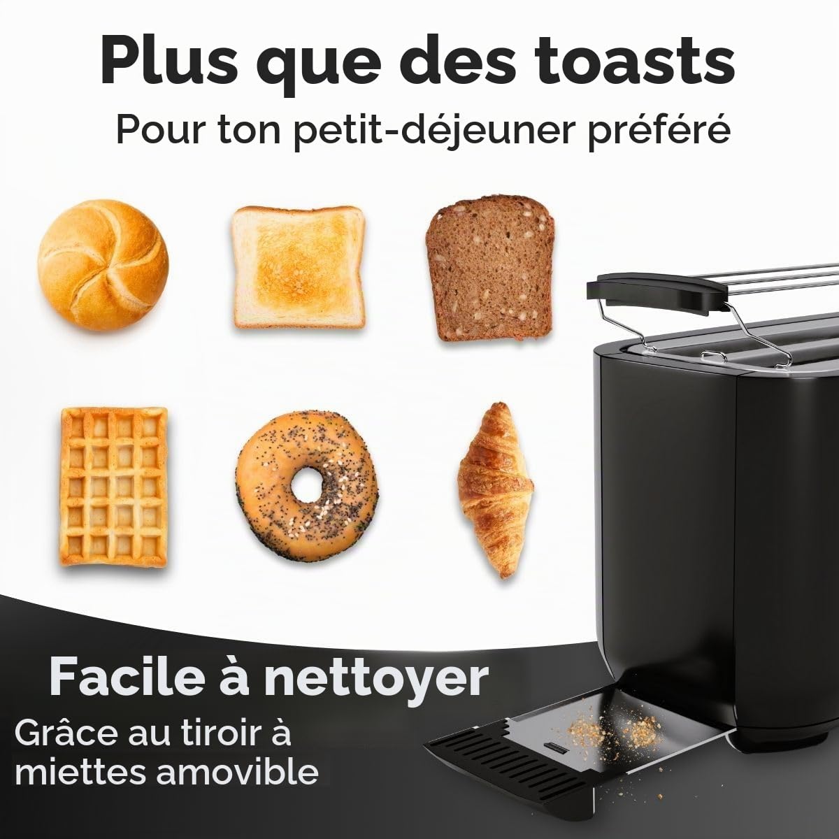 Grille-pain 4 tranches Clatronic | avec support pour petits pains | Grille-pain | Grille-pain à fentes longues | pour petits pains grillés et gaufres prêtes à consommer | TA 3802 noir