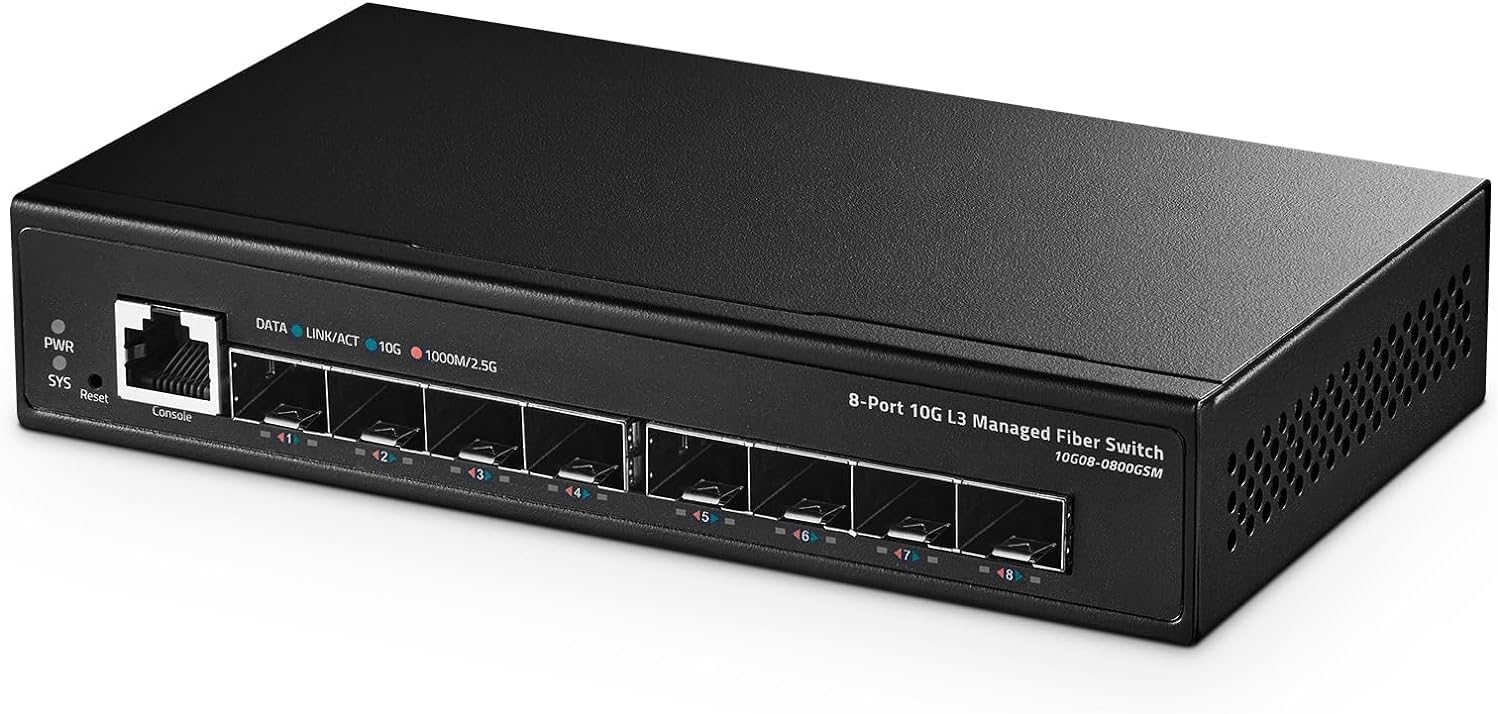 Binardat 8 Port 10 Gigabit SFP+ Managed Switch, Support 1G/10G SFP+ Module, 160Gbps Bandwidth, Web/CLI L3 Managed, Metal Fanless Fiber Desktop Network Switch