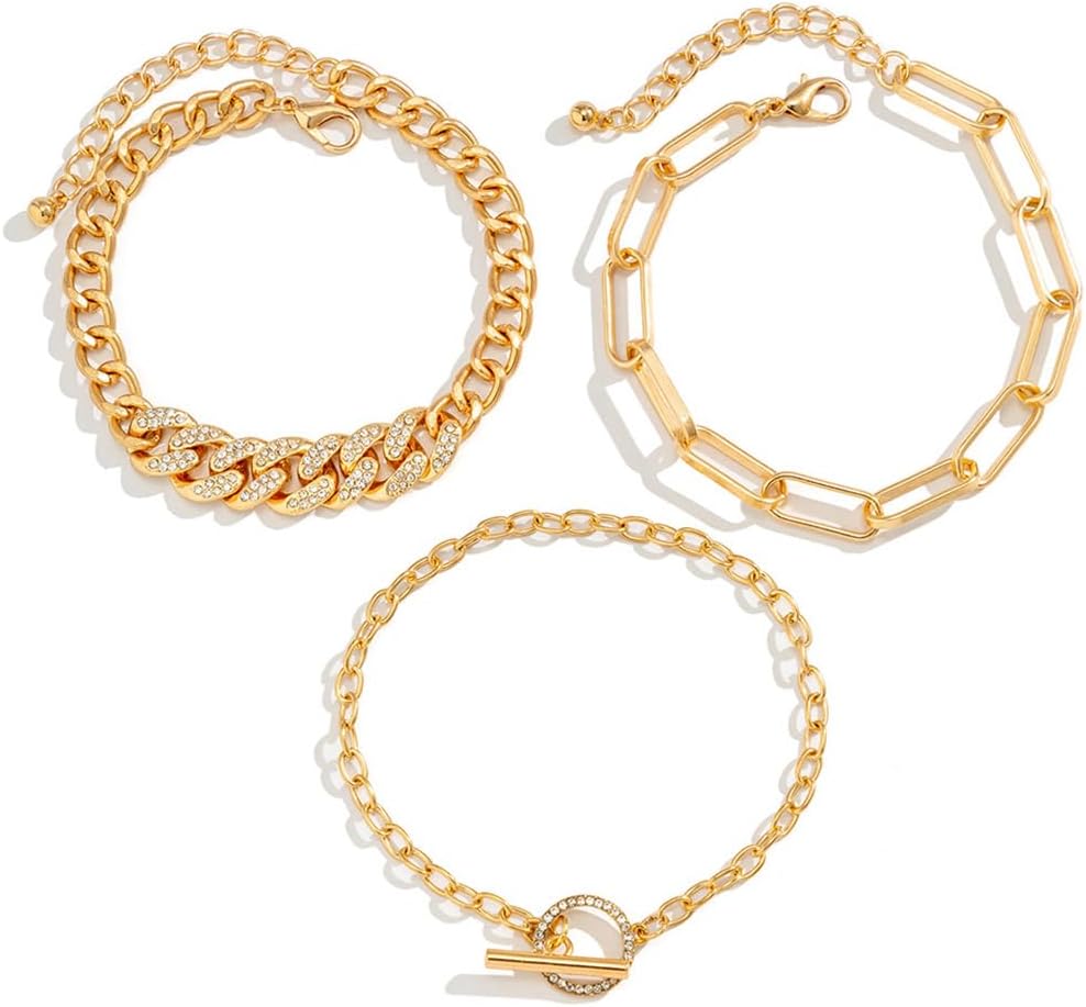 Layered Link Chain 3 Pcs Ankle Cuban Gold Anklet Bracelets Boho Beach Link Chain Ankle for Women