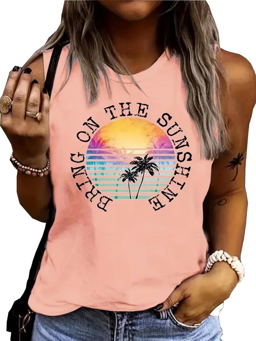 VKEGNIO Coconut Tree Tank Tops for Women Fashion Letter Print Sleeveless Shirts Casual Summer Vacation Beach Tees Vest