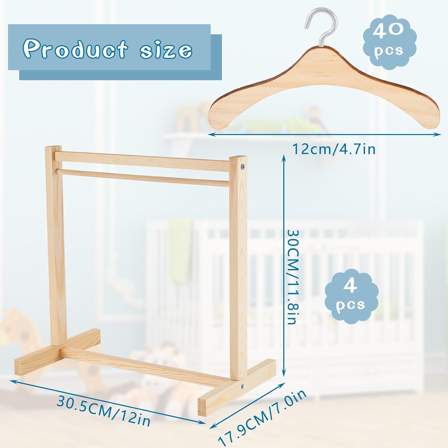Civaner 44 Pcs Doll Garment Rack with Wooden Clothes Hanger for 18 Inch Girl Doll Clothes Mini Hangers Wardrobe Furniture Accessories for Dollhouse Baby Shower Supplies (Wood)