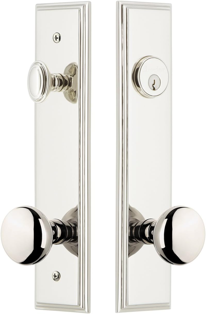 Grandeur Hardware 840159 Carre' Tall Plate Complete Entry Set with Fifth Avenue Knob, Backset Size - 2.75", Polished Nickel