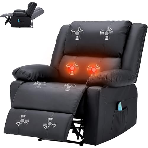 YODOLLA Massage Recliner Chair, Overstuffed Recliner Sofa with Heat Function, Modern Manual Control Faux Leather Single Sofa, Heated Recliner with Side Pockets, Black