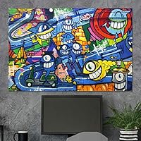 SIGNWIN Framed Canvas Wall Art Colorful Happy Sharks Cartoon Graffiti & Street Art Famous People Pop Art Modern Urban Multicolor for Living Room, Bedroom, Office - 12x18 inches