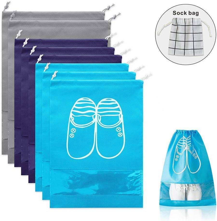 QOQO Travel Shoe Bags Waterproof Non-Woven with Rope, Shoes Storage Organizer Bags for Men and Women (8PCS with 1 Sock Bags for Travel)