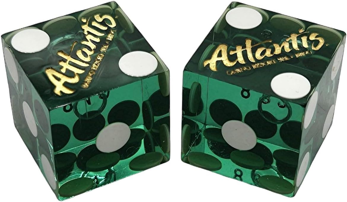 Authentic Nevada Craps Dice - Wide Selection Genuine Casino Table-Played Dice Pairs from Lake Tahoe, Reno & Other Nevada Destinations (Non-Matching, Reno Atlantis - Green Polished)