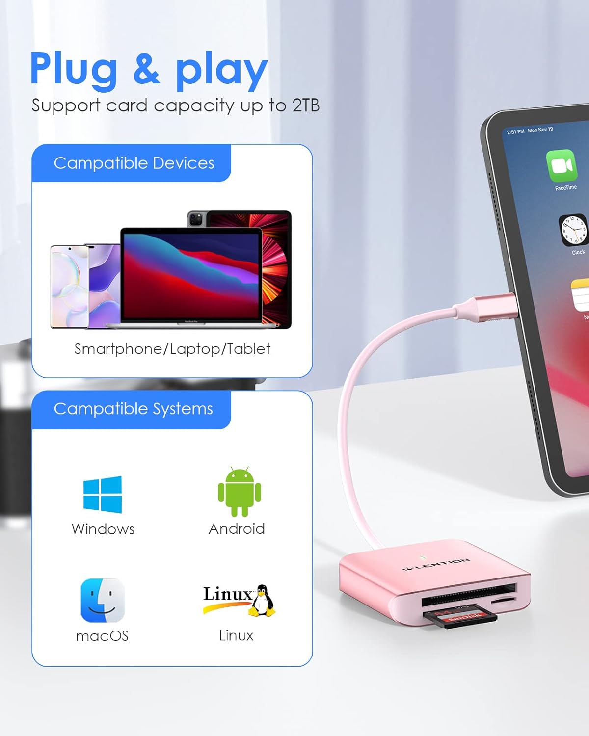 LENTION USB C to CF/SD/Micro SD Multi Card Reader, SD 3.0 Card Adapter Compatible 2023-2016 MacBook Pro 13/15/16/M1, New Mac Air/iPad Pro/Surface, Chromebook, S20/S10/Note, More (CB-C8s (Pink)