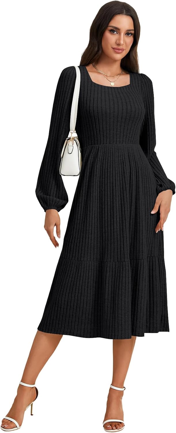 LYANER Women's Fall Square Neck Long Sleeve Tiered A Line Ribbed Knit Elegant Sweater Dress - Image 6