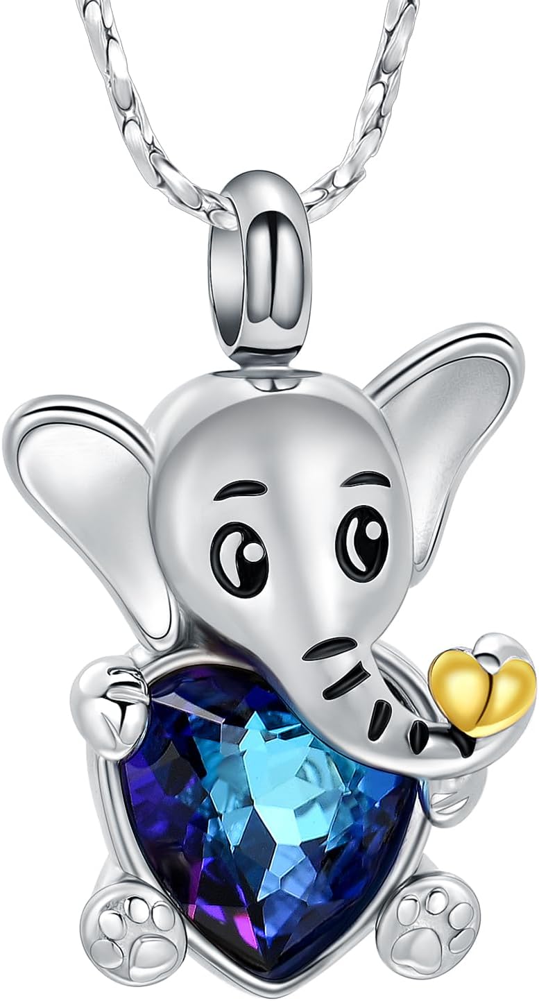Imrsanl Elephant Urn Necklace Cremation Jewelry for Ashes Stainless Steel Heart Crystal Memorial Pendant Human Pet Ash Holder Keepsake Gift for Women Men